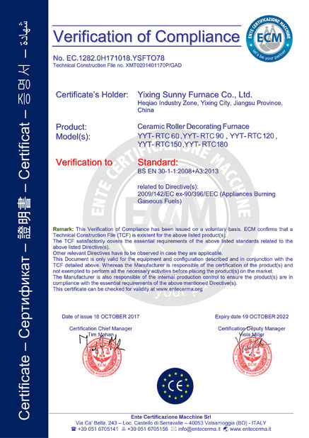 China Yixing Sunny Furnace Co., Ltd Certificaciones
